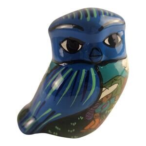 Mexico Folk Art Owl Blue Pottery Hand-Painted